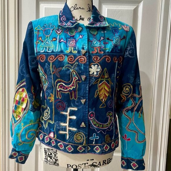 VINTAGE BOHO JEAN JACKET TRIBAL HANDMADE EMBROIDERED 100% COTTON SIZE SMALL - Picture 1 of 16